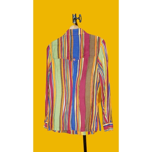 1990s SUI by ANNA SUI Colorful Striped Button Up Linen Blouse W/Pockets. S-M - Picture 3 of 10